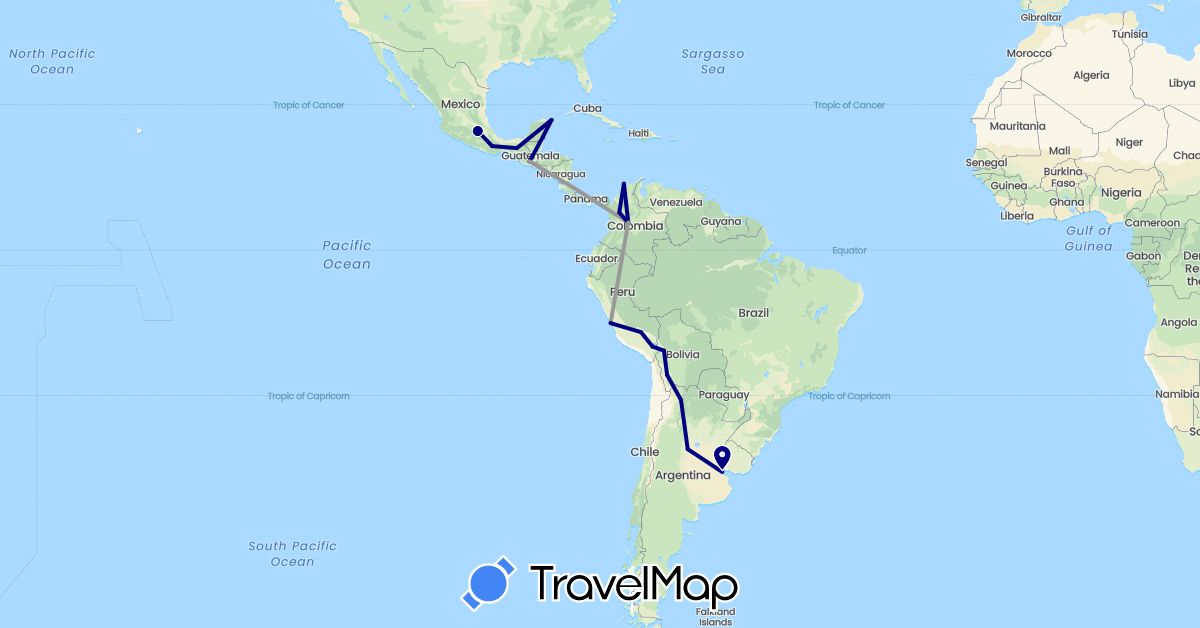 TravelMap itinerary: driving, plane in Argentina, Bolivia, Colombia, Guatemala, Mexico, Peru (North America, South America)